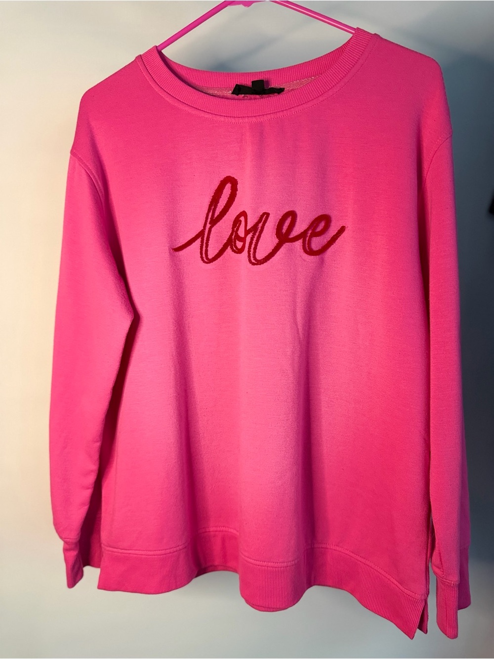 Jane and Delancey Bright Hot Pink Sweatshirt with Red 'Love' Script